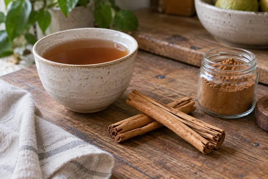 Cinnamon tea, quills and ground cinnamon on a kitchen table