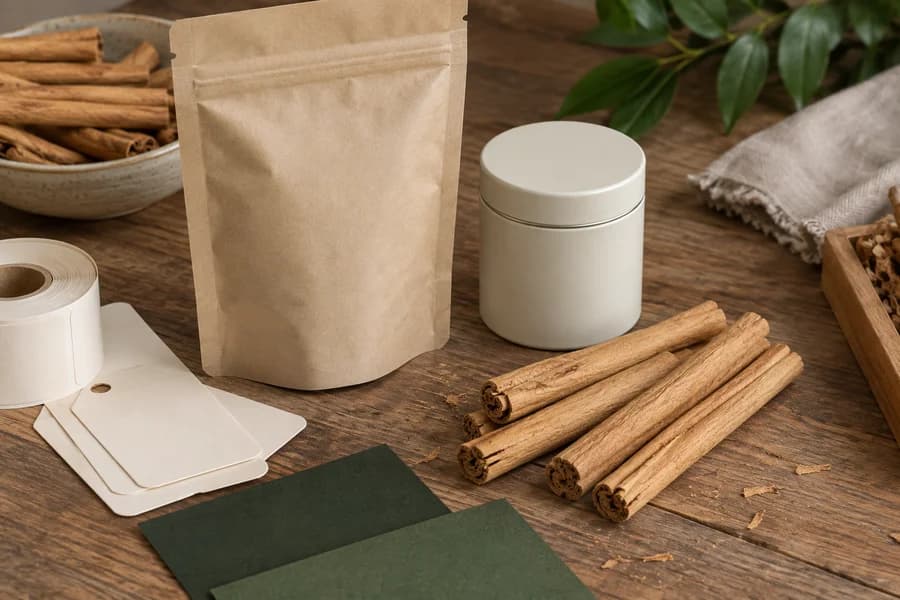 Plain pouches, a spice tin and label samples beside cinnamon quills