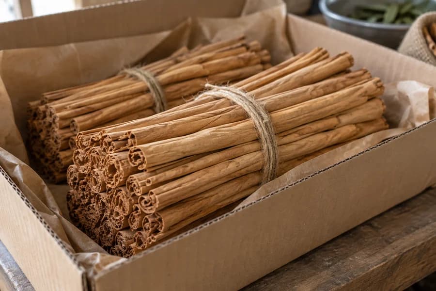 A close look at the thin, layered ends of Ceylon cinnamon quills