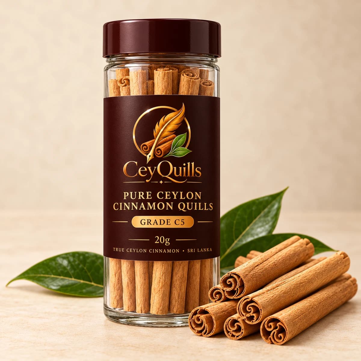 Pure Ceylon Cinnamon Quills in Glass Bottle with the cinnamon product visible