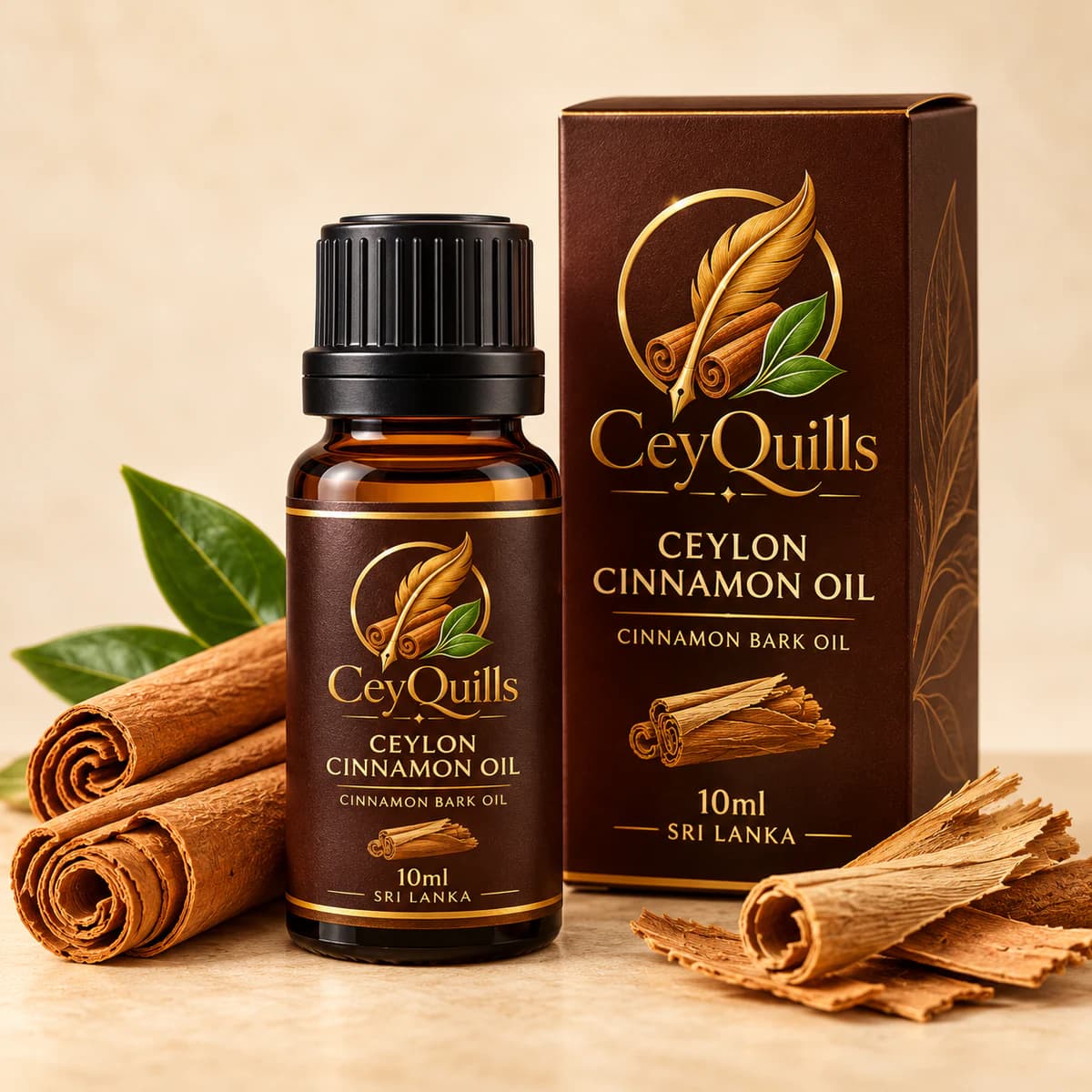 Ceylon Cinnamon Bark Oil in Amber Glass Bottle with the cinnamon product visible